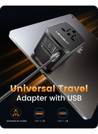 محول السفر العالمي LENCENT، شاحن دولي مع 3 منافذ USB ومحول شحن سريع من النوع C PD لهواتف iPhone وSamsung والكمبيوتر اللوحي وGopro. لأكثر من 200 دولة من النوع A/C/G/I (الولايات المتحدة الأمريكية والمملكة المتحدة والاتحاد الأوروبي وأستراليا) - view 5